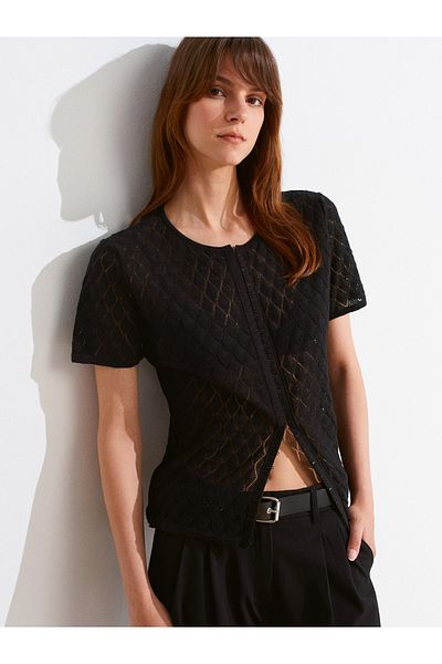 Dilvin 60977 Crew Neck Lace Look Agraft Knitwear Cardigan-Black
