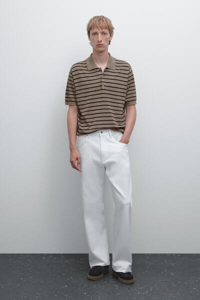 Massimo Dutti Kısa kollu çizgili triko polo yaka t-shirt