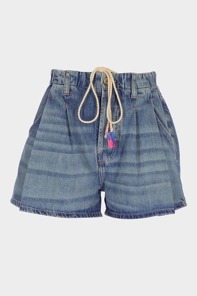 CROSS JEANS Medium Blue High Waist Elastic Waist Pleated Comfortable Fit Jean Shorts C 4534-111