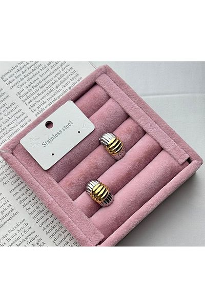 CA SHOPPİNG Gold Silver Striped Patterned Steel Anti-Tarnish Earrings