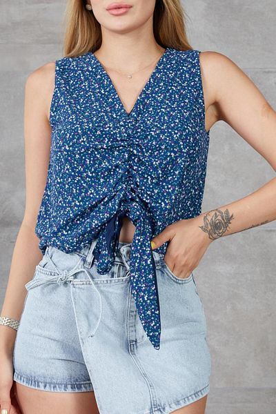 NEW LAVİVA Women's Indigo Crispy Floral Gathered Baglamalı Lined Chiffon Blouse