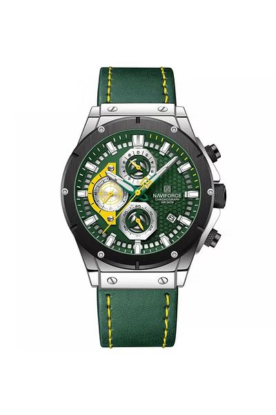 Naviforce Men's Chronograph Sports Watch – 45mm Green Dial with Yellow Accents, Leather Strap, Water Resistant