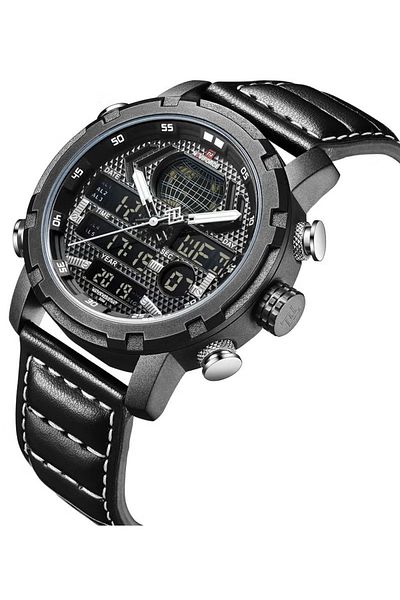 Naviforce Men's Multifunction Dual Display Sports Watch – 45mm Analog-Digital, Leather Strap, Waterproof