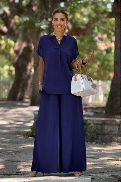 Nevin Kaya Moda Navy Blue Mini Patched Palazzo Suit