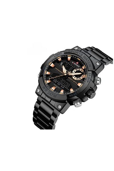 Naviforce Men's Luxury Black Stainless Steel Chronograph Watch – 46mm Analog-Digital, Gold Accents