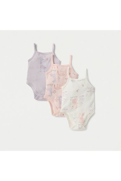 Juniors Printed Strappy Bodysuit with Snap Buton Closure - Set of 3