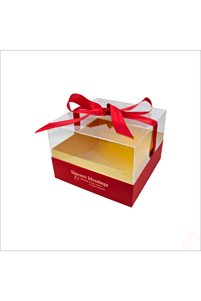 Süsle Baby Party Pleksi Kapaklı Fiyonklu Karton Kutu, 20 x 20 x 14cm - Kırmızı