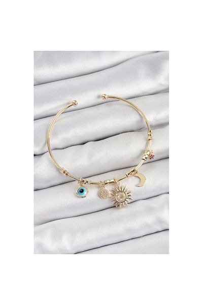 Skygo Brass Zircon Stone Sun Moon Evil Eye Model Gold Color Charm Bracelet - Tj-Bb7354