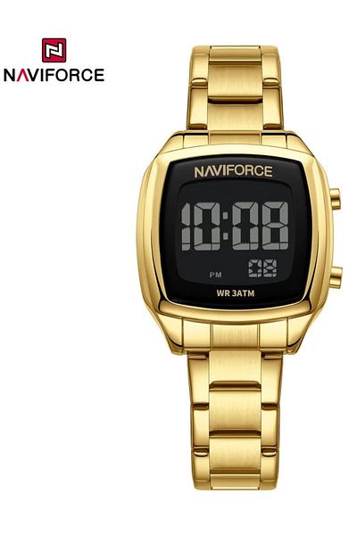 Naviforce Stylish Womens Digital Watch with Black Display Gold Stainless Steel Strap LED Screen