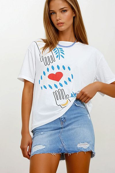 VAGGON Women's White Crew Neck Printed Oversize Combed Cotton T-Shirt Prmx11960