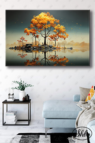 Şehber Gölde Sarı Ağaç Kanvas Tablo | Salon Yatak Odası Kafe Ofis Dekoratif D...