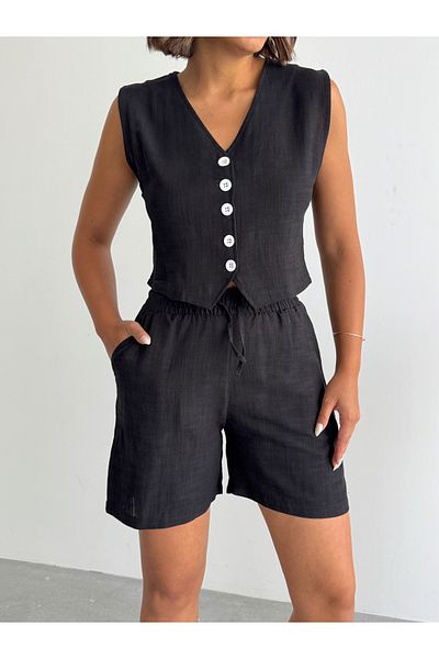 BEJNA Women's Black Linen Vest Shorts Bottom Top Set
