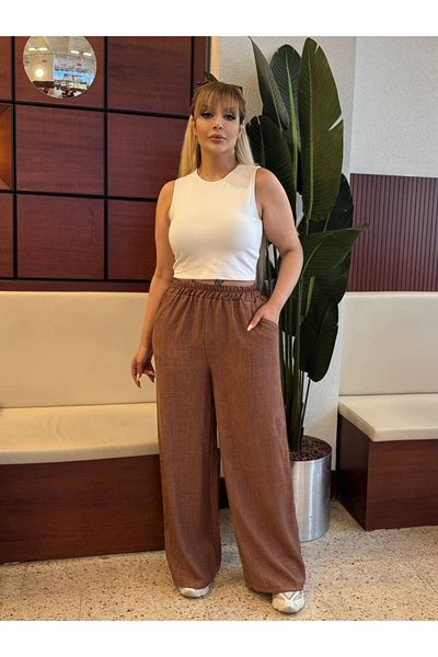 LİKRA Women's Large Size Pockets Woven Sofia Linen Pants with Elastic Waist