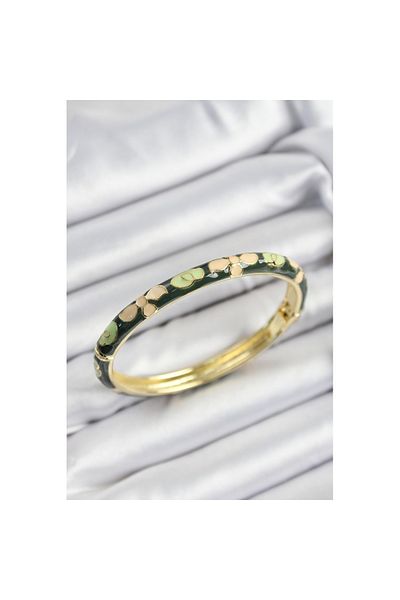Skygo Gold Color Women's Handcuffs with Enamel Brass Cream and Green Flower Motif - Tj-Bb7400