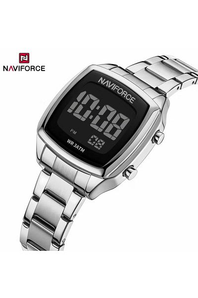 Naviforce Stylish Womens Digital Watch with Black Display Silver Stainless Steel Strap LED Screen