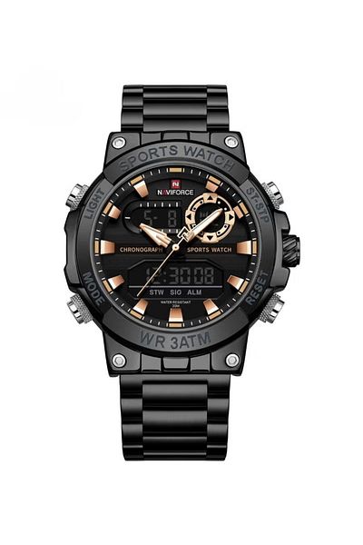 Naviforce Men's Luxury Black Stainless Steel Chronograph Watch – 46mm Analog-Digital, Gold Accents