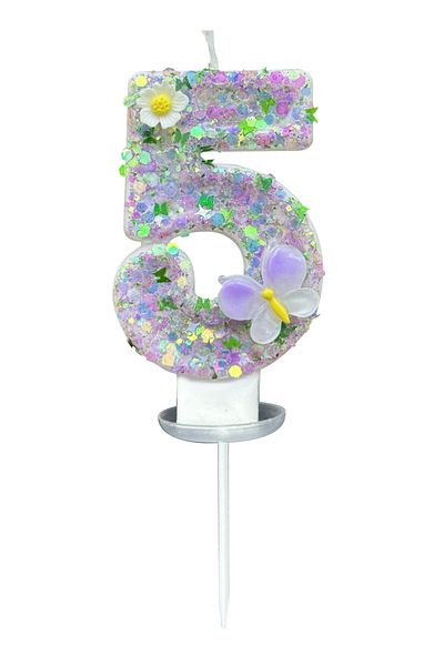 L&Wen 7 cm Colorful Number 5 Cake Candles, White Flower Number Candle for Weddings, Party Celebration