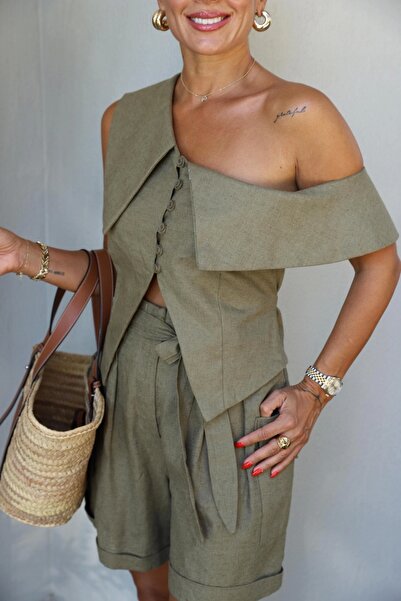 Purple by Banu HAKİ Tek Omuz Kargo Cep Detay Şort Bluz Takım