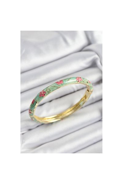 Skygo Mineli Brass Pink and Green Flower Motif Gold Color Women's Handcuffs - Tj-Bb7397