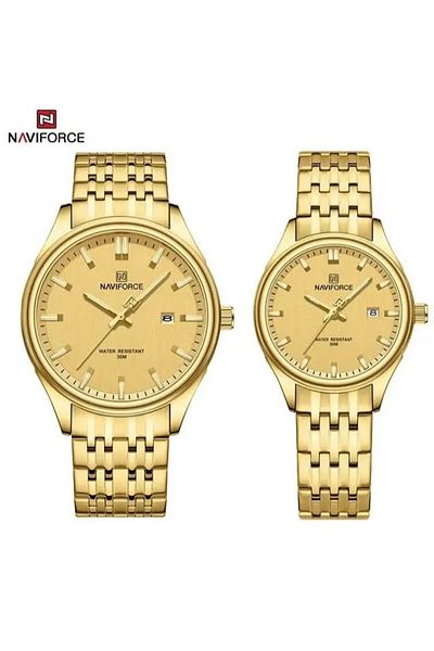 Naviforce Couple Watch Set with Full Gold Stainless Steel Strap and Minimalist Date Display