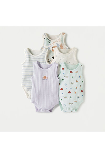 Juniors Printed Sleeveless Bodysuit with Button Closure - Set of 5