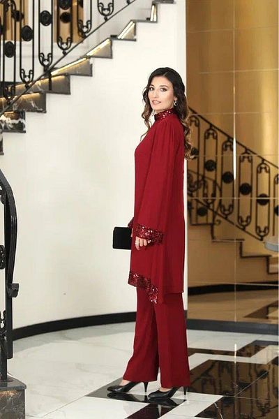 SUBU TASARIM Umay Chiffon Tunic Pants Suit Borda Tbselb68