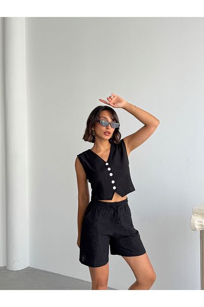 BEJNA Women's Black Linen Vest Shorts Bottom Top Set