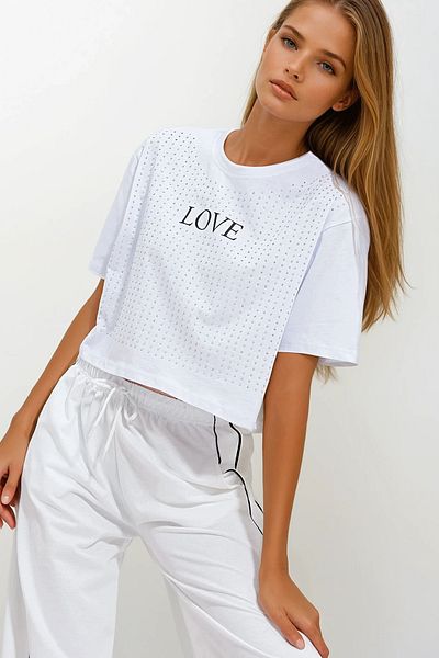 VAGGON Women's White Crew Neck Love Printed Stone Crop T-Shirt Prmx11967