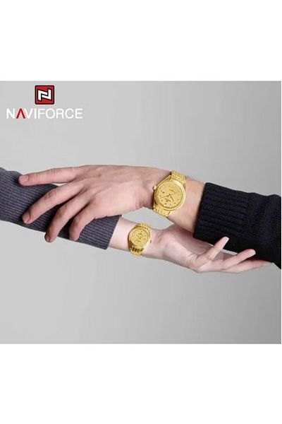 Naviforce Couple Watch Set with Full Gold Stainless Steel Strap and Minimalist Date Display