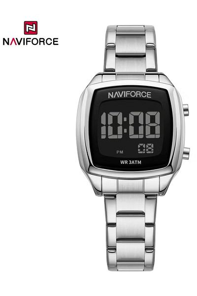 Naviforce Stylish Womens Digital Watch with Black Display Silver Stainless Steel Strap LED Screen