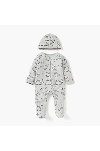 Juniors Dino Print Closed Feet Sleepsuit and Cap Set