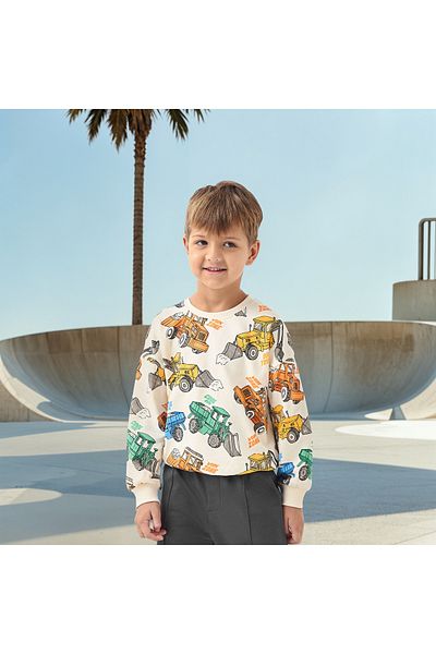 Juniors All-Over Construction Vehicle Print Sweatshirt with Long Sleeves