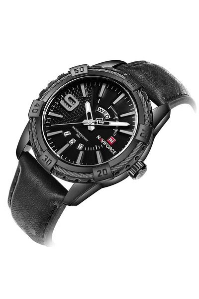 Naviforce Unisex Black Analog Quartz Watch – Black Dial, Leather Strap, 30M Water Resistant