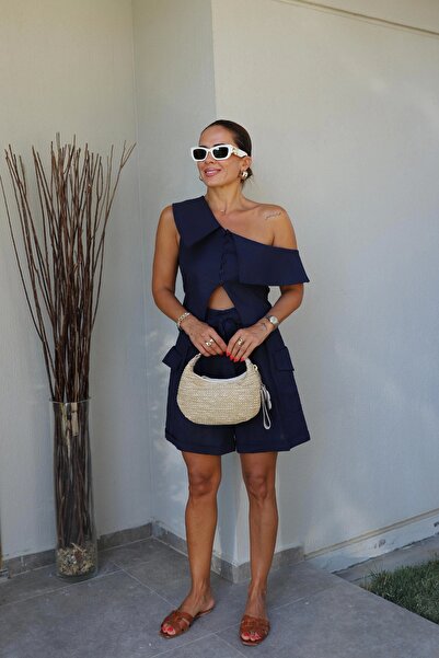 Purple by Banu Lacivert Tek Omuz Kargo Cep Detay Şort Bluz Takım