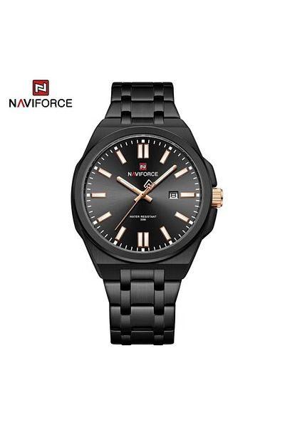Naviforce Men's Luxury Black Stainless Steel Watch Waterproof Luminous Hands Elegant Dress Design