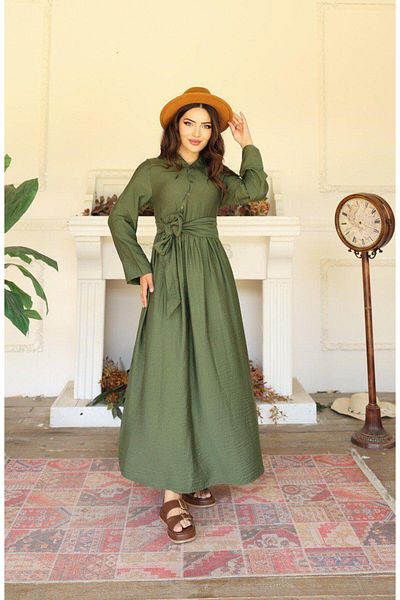 Dadali Dadali Cross Button Linen Dress Khaki