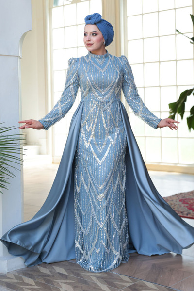 N.S NEVA STYLE - Rochie de seara Tesettur albastra cu coada brodata cu margel...