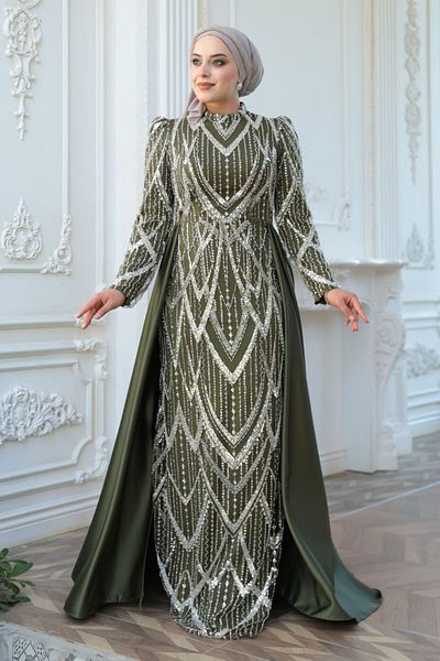 N.S NEVA STYLE Khaki Hijab Evening Dress with Beaded Tail 51923Hk