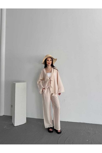 Bubble Set of 2 Cardigan Trousers with Lace Details, Summer Fabric