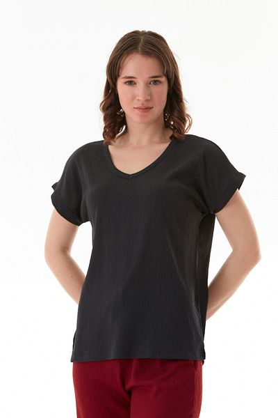 Fulla Moda Wrapped Fabric V-Neck T-Shirt with Side Slits