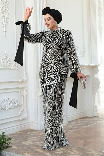 N.S NEVA STYLE Beaded Black Hijab Evening Dress 52554S