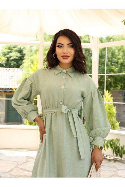 Dadali Belt Balloon Sleeve Stone Buttoned Dress Island Tea