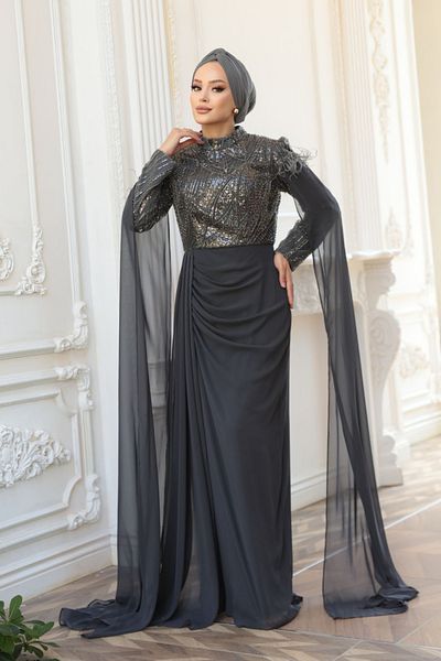 N.S NEVA STYLE - Cape Detailed Smoked Hijab Evening Dress 52592Fu