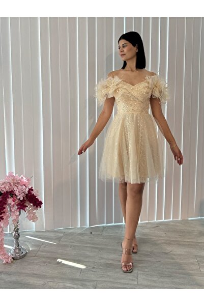 Always Dress Şampanya rengi kısa kolları detaylı kısa elbise
