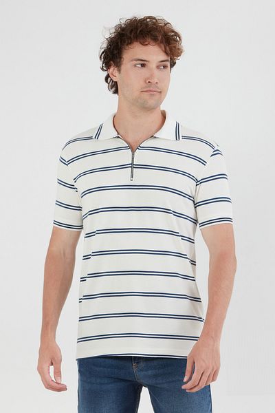 Fulla Moda Tricou cu guler polo cu jumătate de fermoar în dungi