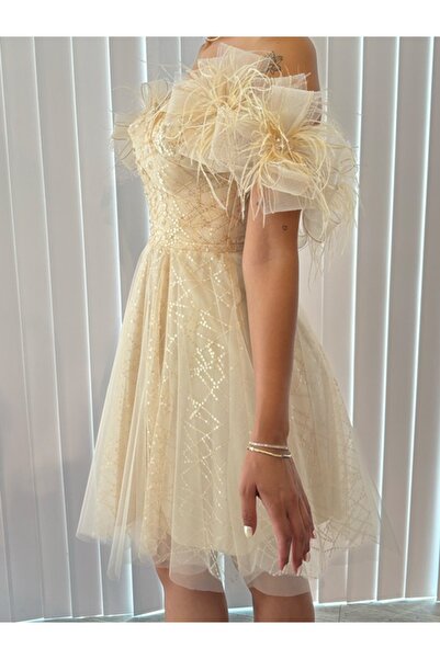 Always Dress Şampanya rengi kısa kolları detaylı kısa elbise