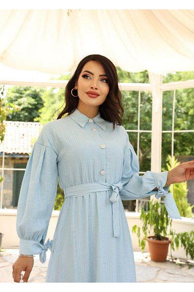 Dadali Belt Balloon Sleeve Stone Button Dress Baby Blue