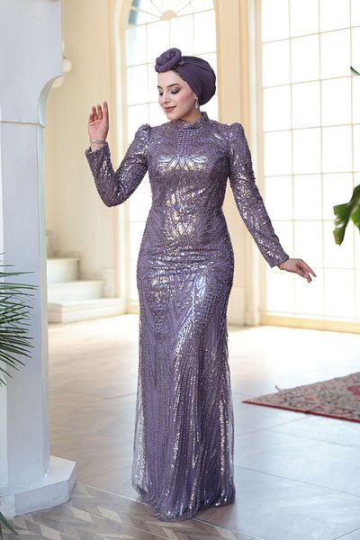 N.S NEVA STYLE - Bead Embroidered Lilac Hijab Evening Dress 51532Lila