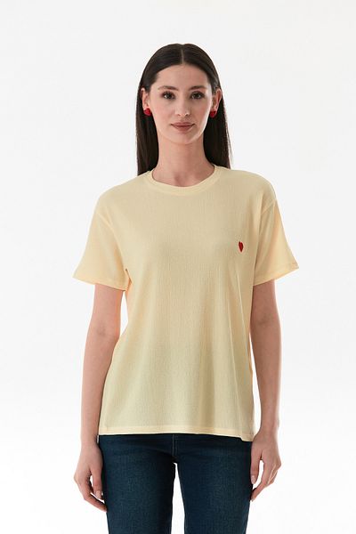 Fulla Moda Heart Embroidered Wrinkle Fabric T-Shirt