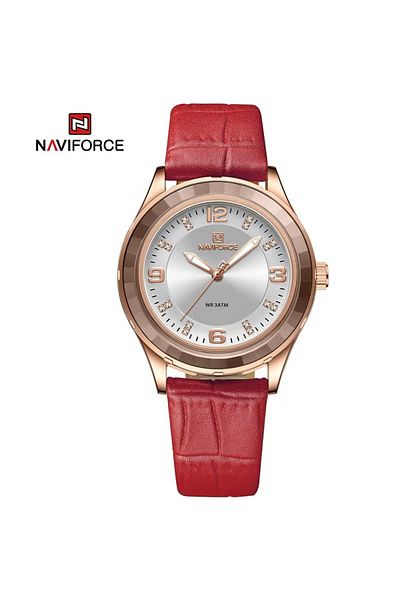Naviforce Women's Elegant Red Leather Analog Watch – 40mm Silver Dial, Water Resistant